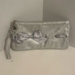 Rolfs Leather Metallic Silver Clutch Wristlet Handbag Purse Bow Pocketbook.